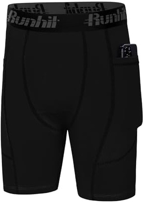 Runhit Youth Boys' Compression Shorts,Boys Performance Athletic Base Layers Underwear Sports Shorts Side Pocket Black L