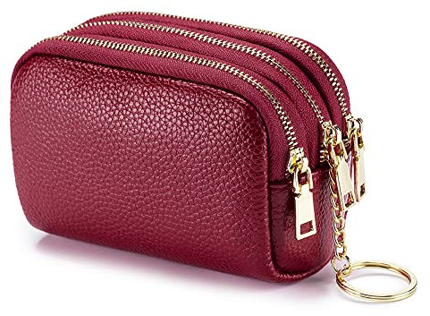 GOOPAI Münzgeldbörse aus echtem Leder, mit 3 Reißverschlüssen, dreifache Kapazität, Kleingeldtasche, Reisebrieftasche mit Schlüsselring für Damen, burgunderfarben, Münztasche