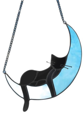 outlev Cat Stained Glass Window Hanging, Sleeping Black Cat on Moon Suncatcher Ornament Decor, Handmade Black Cat Memorial Gifts for Cat Lovers