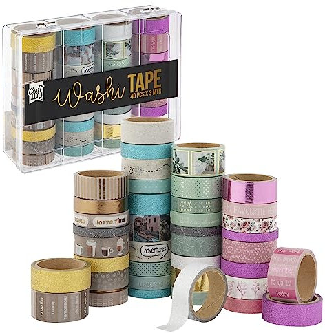 Craft ID Washi Tape Set Vintage | 40 Rollen | Dekoratives farbiges Klebeband für Scrapbooking Bullet Tagebuch | Muster Klebeband | Deko-Tagebuch | Klebe-Glitzer zum Basteln | Hochzeitsaufkleber