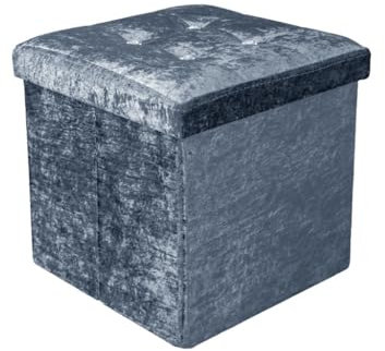 Rehmat Collection 1 Seat Crushed Velvet Ottoman Storage Cube Toy Box Chest With Diamanté Studded Lid - Foldable/Collapsable (Grey)