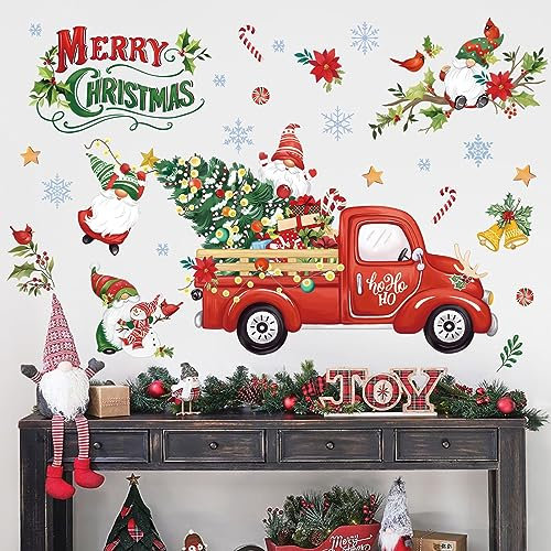 wondever Adesivi Murali Natale Sticker da Muro Albero di Natale Gnomo Camion Rosso Vetrofanie Natale Adesivi da Parete per Finestra Vetrina Festa Decorazione Natalizia