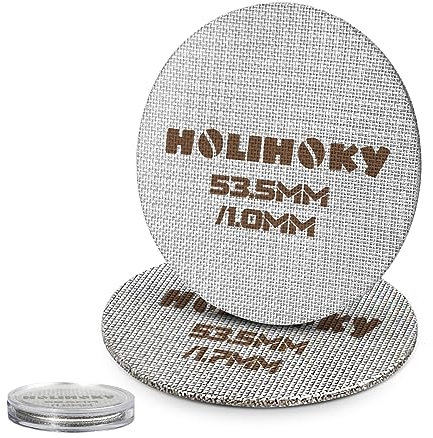 HOLIHOKY Lot de 2 filtres à expresso Puck Screen 54 mm, 1,0 mm/1,7 mm d'épaisseur, avec boîte de rangement en acrylique, réutilisables, pour porte-filtre Sage 54 mm, acier inoxydable 316 150 μm