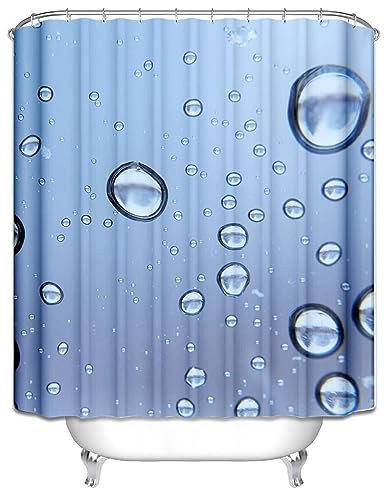 Lieson Badewannenvorhang 180x180CM Blau, Polyester Antischimmel Duschvorhang Waschbar mit ÖSEN Wassertropfen Muster Badezimmer Duschvorhang mit Haken