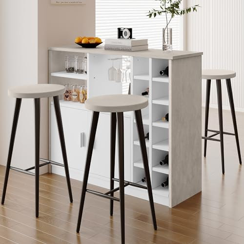 HAINEW Bartisch Rechteckiger Stehtisch Küchentisch Mit Lagerregal, Kabinett und Weinregal, Industrie-Design, 110 × 40 × 94,5 cm, Retro-Stehtisch Für Die Hausbar, Grau + Weiß, Ohne Barhocker