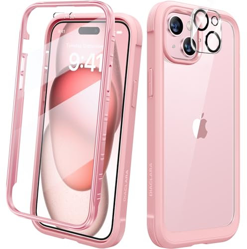 Diaclara for iPhone 15 Plus Case, Full Body Rugged Case with Built-in Touch Sensitive Anti-Scratch Screen Protector + Glass Camera Lens Protector for iPhone 15 Plus 6.7 (Coral Pink)