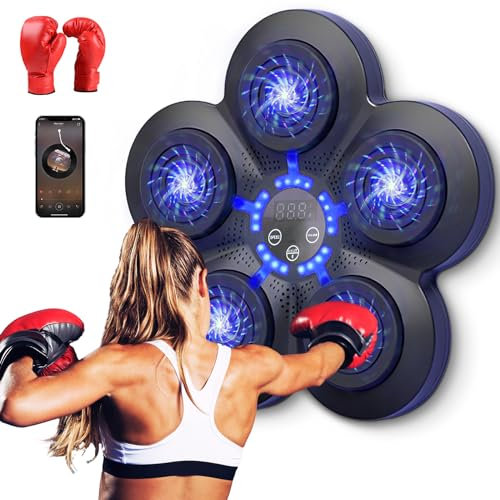Boxmaschine mit Musik, elektronisches Boxgerät, tragbar, Wandmontage, Bluetooth Music Elektronischer Boxer, Geschenk für Kinder und Erwachsene (Schwarz+blaues Licht+Handschuhe für Kinder)