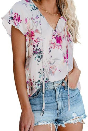AOISAGULA Damen Chiffon Bluse V-Ausschnitt Top Kurzarm Sommer Oberteil Floral Print Shirts Locker Tee with Band Lila Blume L