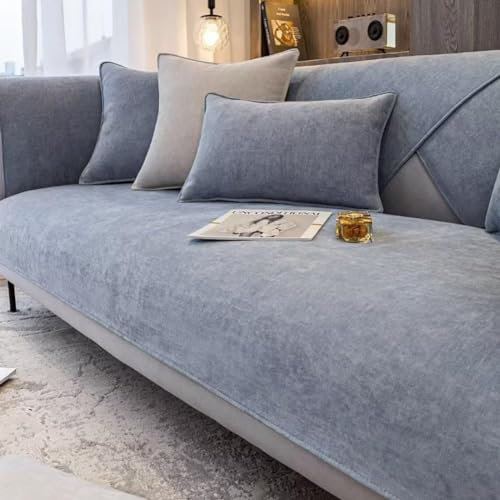 LINGKY Chenille Sofabezug 1 2 3 4 Sitzer, Sofadecken Für Sitzfläche, Ecksofa Sofa überzug, Sofaschoner rutschfest, Couch Überzug L Form Sofaüberwürfe, Sofaschutz Katze Hund (Blau Grau,90x210cm)