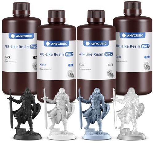 ANYCUBIC ABS-Like Resin Pro 2, 3D Drucker Resin mit erhöhter Festigkeit und Zähigkeit, Hoher Präzision, Weitgehende Kompatibilität mit allen Resin 3D Druckern (Schwarz+Weiß+Grau+Klar, 1kg, 4pcs)