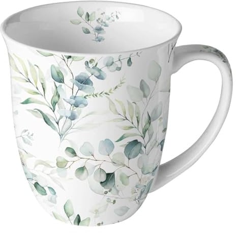 Tasse Blumen Blätter vom Eukalyptus aus Porzellan. Motivtasse für den gedeckten Tisch und als Geschenk 0,4L x H10,5cm