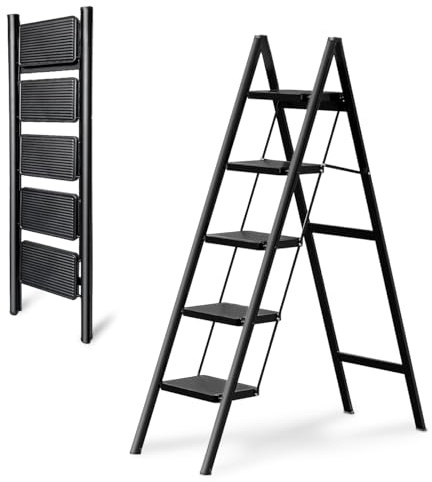 OOSOFITT 5-Step Folding Ladder, Heavy Duty Ladders for Home & Kitchen, Folding Ladder Easy to Store, Tall Ladder for Adults, Anti-Slip & Space-Saving Step Ladder, 330 Lbs Capacity
