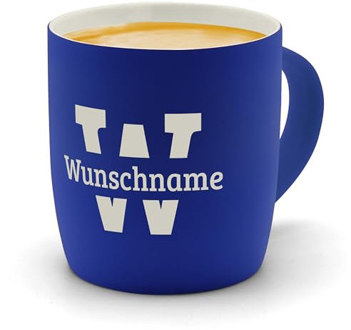 printplanet - Kaffeebecher mit eigenem Text graviert - SoftTouch Tasse mit Wunschtext - Matt-gummierte Oberfläche - Farbe Blau - Motiv: Letter