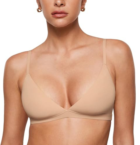 INLYRIC Women's Inbarely Triangle Bralette Plunge Unlined Seamless Bra No Underwire Sexy Comfortable Everyday Warm Beige Small