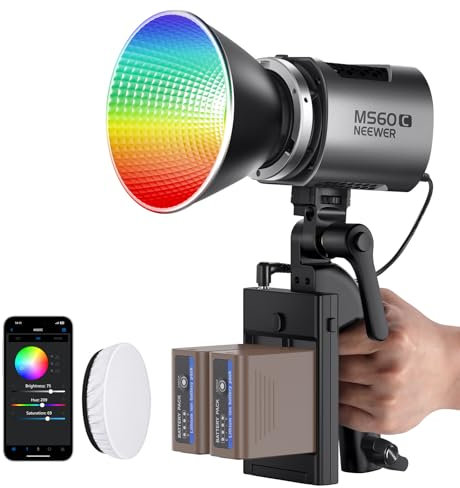 NEEWER MS60C 65W COB RGBWW LED Videoleuchte mit 2,4G/APP Steuerung 2X 7800mAh NP-F970 Akku PD Schnellladung Diffusor 2700K-6500K Dauerlicht 8300lux/1m CRI97+/TLCI98+ 17 Szenen Studiolicht Bowens Mount