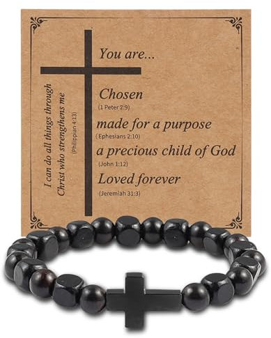 JJDreams Armband aus Natürlichen Holzperlen Elastisch Armband mit Kreuz Gebetsarmbänder für Mann und Frau Christliche Geschenke