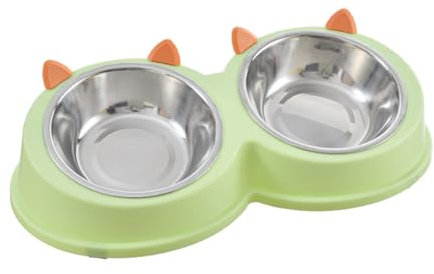 Double Dog Cat Food Bowls, Removable & Non-Skid & Non-Spill Stainless Steel Raised Cat Pet Bowl, 15° Tilted Angle Raised Slanted Food Water Bowl Anti Vomiting for Cats and Small Dogs (Green, Small)