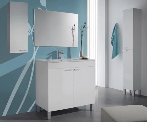 Dmora - Meuble sous-Vasque Augusta, Meuble de Salle de Bain avec 2 Portes, Meuble de Sol avec Miroir, 80x45h80 cm, Blanc