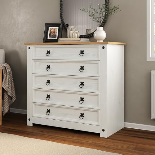 Mews Corona White 5 Drawer Chest of Drawers Mexican Solid Pine Wood for Bedroom