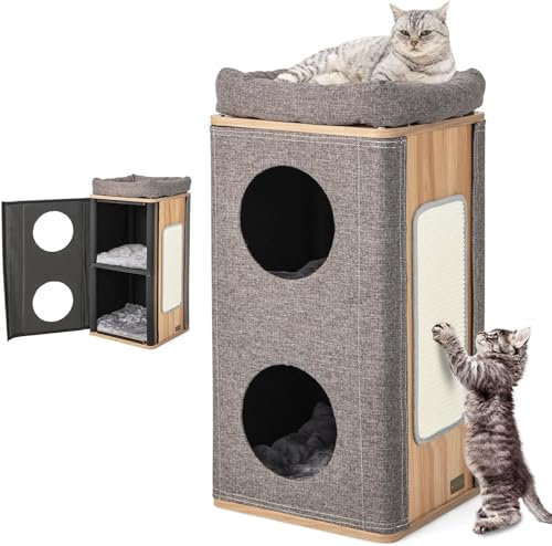 FANTASK 3-stöckige Katzenhöhle Katzenfass, Katzenhaus mit Kratzbrett & 3 Matten, Spielfass für Katzen bis 20 kg, Katzenturm Kratzbaum Katzenmöbel