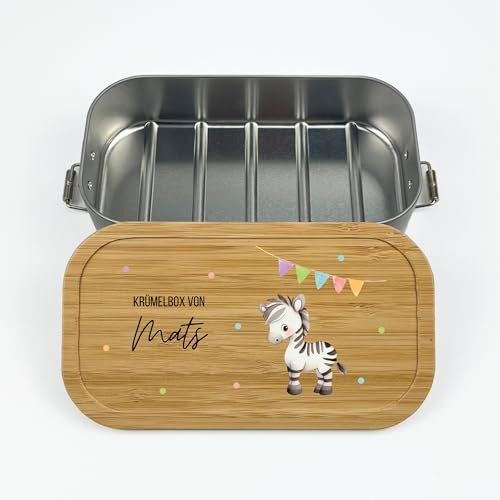 FeierZwerge - Personalisierte Brotdose für Kinder mit Bambusdeckel - Tiere Design - Robuste und Individuelle Brotdose personalisiert - Personalisierte Kinder Geschenke - 700ml (Zebra)