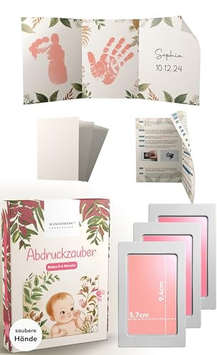 ABDRUCKZAUBER Original Baby Abdruckset 0-6 Monate I rosa Handabdruck Set & Fußabdruck Baby I Personalisiertes Geschenk Baby I Inkl. 3 Stempelpads, 3 Abdruckkarten & 1 liebevolle Faltkarte