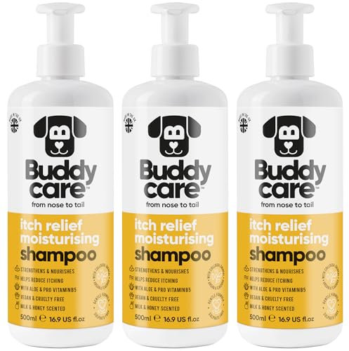 Shampoo Idratante per Cani Lenitivo contro il Prurito di Buddycare | Shampoo Detergente Profondo per Cani | Profumo di Latte e Miele | Con Aloe Vera e Pro-Vitamina B5 (500ml x3)