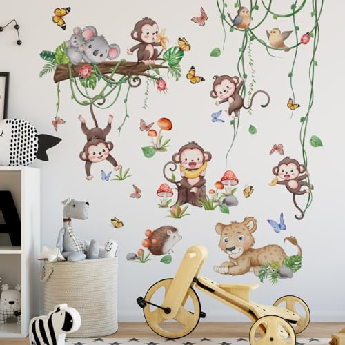 Autocollants muraux Singe sauvage grimpant Arbre Animaux de la jungle Feuilles de vigne Stickers muraux Chambre d'enfant Salon Décoration murale