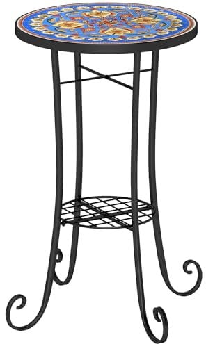 Outsunny Mosaic Garden Table, 35.5 cm Round Outdoor Table with Shelf, Ceramic Tile Top, Small Garden Side Table Bistro Table End Table Plant Stand for Indoor, Patio, Balcony, Blue