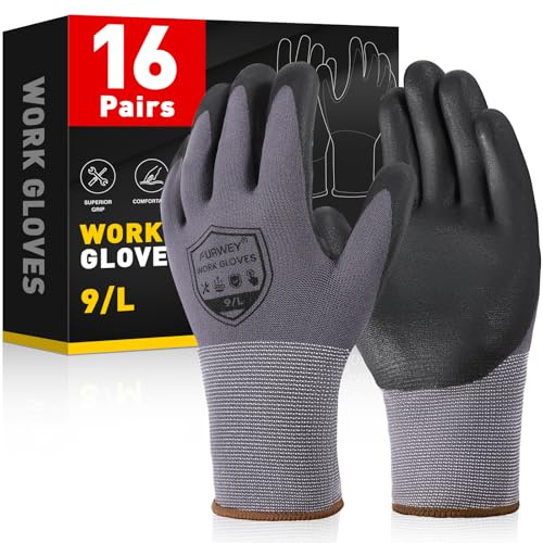 FURWEY Safety Work Gloves,16 Pairs Micro-Foam Nitrile Coated Glove for Men and Women, Touchscreen, Ideal for Warehouse Package Handling，Construction, Gardening, Large