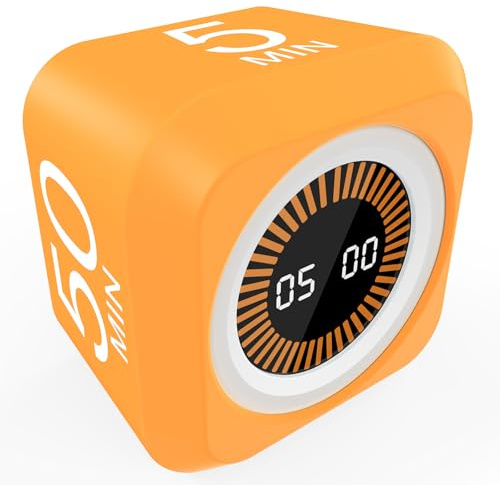 Pomodoro Minuteur visuel rotatif 5/25/10/50 minutes préréglé + compte à rebours personnalisé, cube de productivité de bureau avec coque en silicone pour TDAH, étude, travail, cuisine, école (orange +