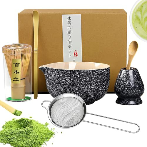 Matcha set, Japanisches Tee-Set, Matcha-Schale, Schaufel, Sieb, Matcha-Besenhalter, Matcha-Besenständer, Matcha-Tee-Set (Schwarz)