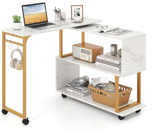 COSTWAY Corner Computer Desk, 360° Rotating Sofa Side Table Writing Study Desk with Wheels, Storage Shelves & Hooks, L-Shaped Convertible Metal Frame PC Laptop Gaming Workstation for Home Office