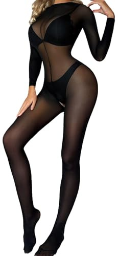 ROSVAJFY Bodystocking Damen Sexy Transparenter Netz Bodysuit Langen Ärmeln Elastische Ganzkörper Strumpfhose Full Body Stockings Frauen Netzstrumpfhose Reizwäsche für Partys Weihnachten Valentinstag