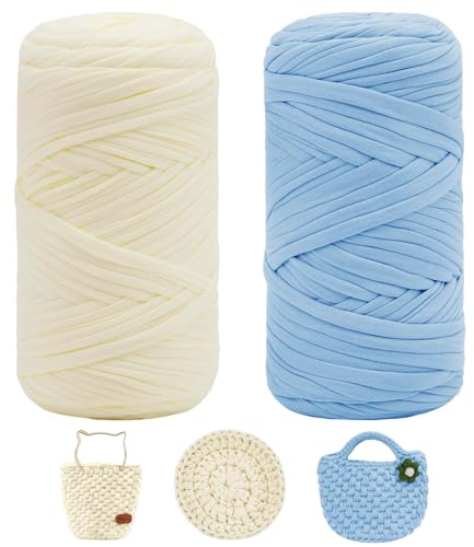 XTUDOU® 2 Stück 200g T-Shirt Garn, 80m Textilgarn, Textilgarn Zum HäKeln, Weiches Tshirt Garn für Selberstricken von Taschen, Decken, Schals, MüTzen und Wohnaccessoires(Cremeweiß + Hellblau)