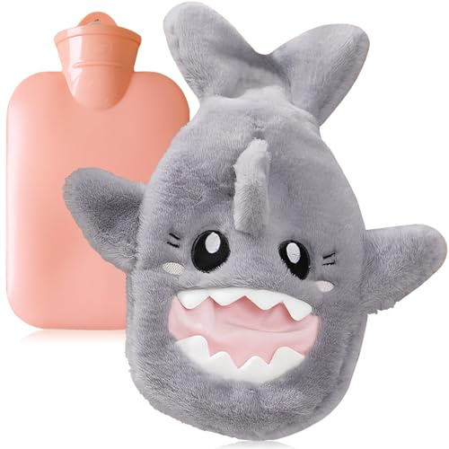 Shark Hot Water Bottle with Cover, Grey Fluffy 1L Children's Hot Water Bottle Animal Bag with Shark, Comfortable, Safe, Leakproof and Durable, Warm in Winter Gift
