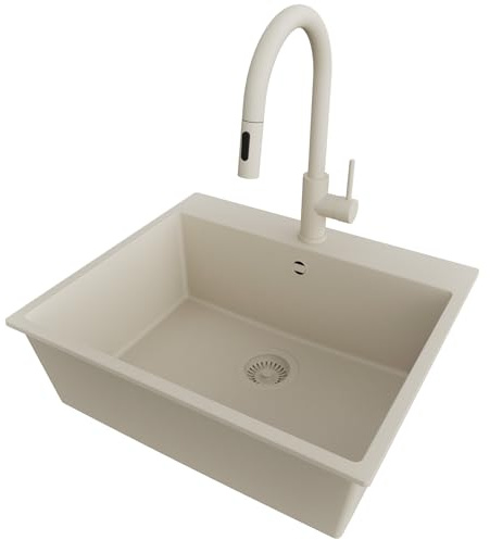 PRIMAGRAN Granitspüle ab 60er Unterschrank + Küchenarmatur, 58x50cm | Set: Küchenarmatur BW9010 + Ablauf-Set (Siphon, Ablaufgarnitur, Überlauf) + Spülbecken 1 Becken - Riga, Alles Beige