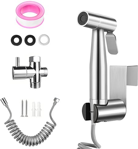 Edelstahl Bidet Handbrause Set, Hochdruck Wassersparend Handbrause WC Dusche Wasserhahn Spender mit 3 Wege Ventil,1,5M Federschlauch und Halter,G1/2 Universalanschluss, Bidet Brause Duschkopf Aufsatz