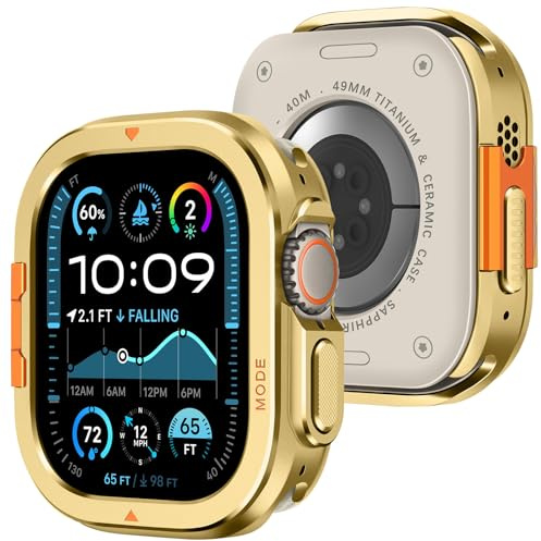 Amizee Metal Case Compatible with Apple Watch Ultra 3/2/1 49mm with Back Cover, Rugged Protective Bumper Cover for iWatch Ultra 49mm, Gold