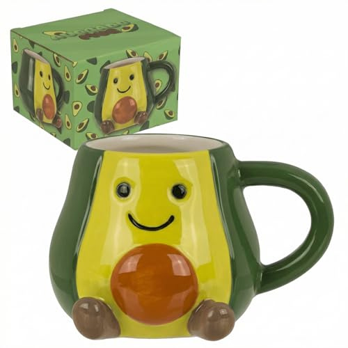 MIJOMA Kawaii Dolomit-Becher Avocado 370 ml – 3D-Relief mit Gesicht – glasiert und standfest – für Kaffee Tee Kakao