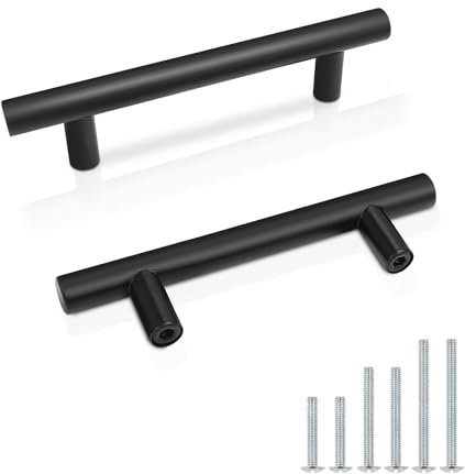Probrico 10 Pack Matte Black T Bar Handle Pull Stainless Steel Kitchen Cabinet Cupboard Cabinet Door Knob 76mm Hole Centres for Wardrobe Door Handle