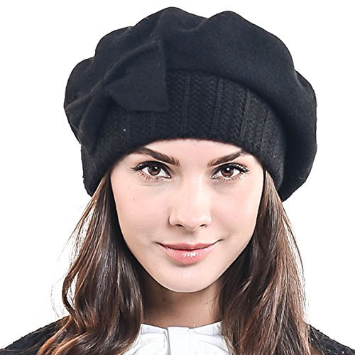 HISSHE Frauen Barette 100% Wolle Baskenmützen Schicke Winter Mütze HY022 (Schwarz)