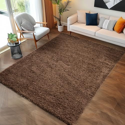 Carpettex Hochflor Teppich Wohnzimmer 140 x 200 cm Braun - Flauschiger Teppich Extra Weich und Pflegeleicht - Shaggy Teppich Modern Einfarbig Design - Teppich für Schlafzimmer, Esszimmer und Küche