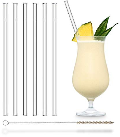 HALM Glas Strohhalme Wiederverwendbar Glastrinkhalme - 6 Stück gerade 23 cm + plastikfreie Reinigungsbürste Glasstrohalme