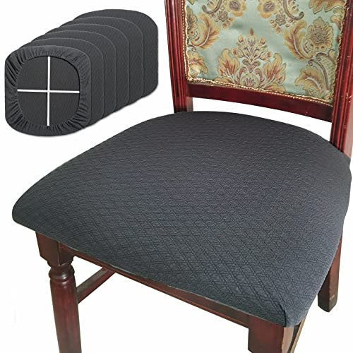 BUYUE Juego de 6 fundas de asiento para sillas de comedor, TPU no mezclado, tela jacquard amigable, elástica, lavable, para cojines de asiento de cocina, color gris, 6 unidades
