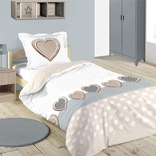 Housse de Couette Julie Cœurs, Blanc/Marron, 140x200cm, 1 Personne, 100% Coton