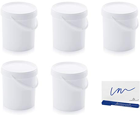 MARKESYSTEM Cubo HERMÉTICO Catering Pack de 5 X 10,8 litros - Cubos de Plástico con Tapa - Contenedores Apilables - Envasar Alimentos, Líquidos y Pinturas - Polipropileno Blanco + Kit Etiquetado