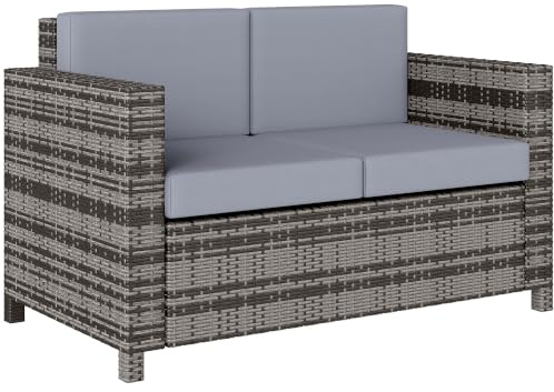 Outsunny 2 Seater Rattan Garden Sofa with Soft Padded Cushion Mixed Grey | Garden Furniture, Armrests, Wicker Garden Loveseat, for Patio