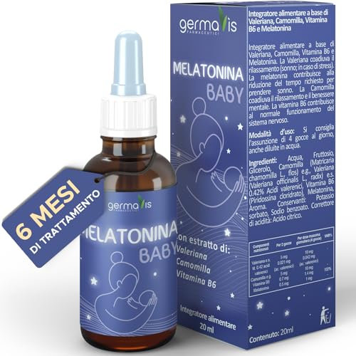 Germavis Farmaceutici Melatonina Bambini Gusto Miele - Integratore Melatonina Gocce Junior con Valeriana, Camomilla, Vitamina B6 20 ml Made in Italy (Bambini)