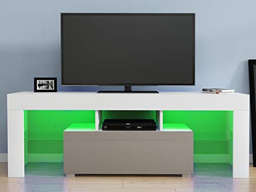 Panana 130cm Matt & High Gloss TV Stand Unit Cabinet RGB 16 Colour LED Lights (White/Grey, With LED)